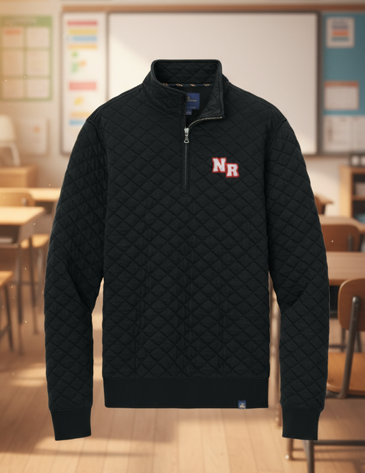 Black quilted quarter-zip sweater with a logo on a white background
