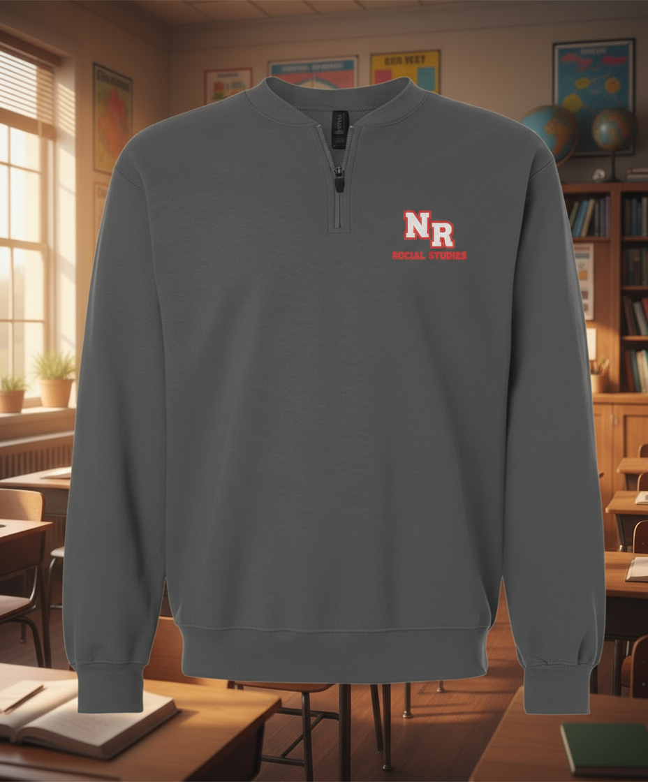 Gray sweatshirt with a logo on the chest against a white background