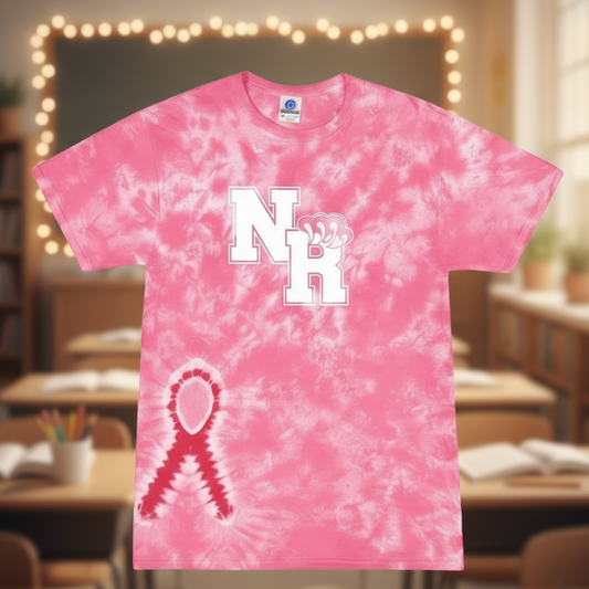 Pink tie-dye t-shirt with 'NR' and a pink ribbon design on a white background