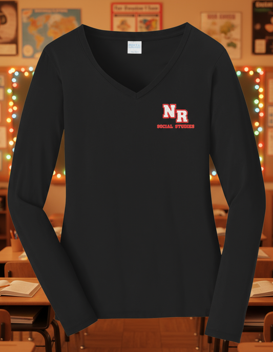 Black long-sleeve shirt with a red and white logo on a white background