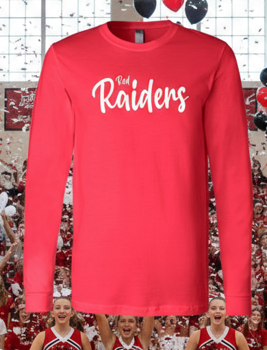 Red long-sleeve shirt with 'Red Raiders' text on a white background