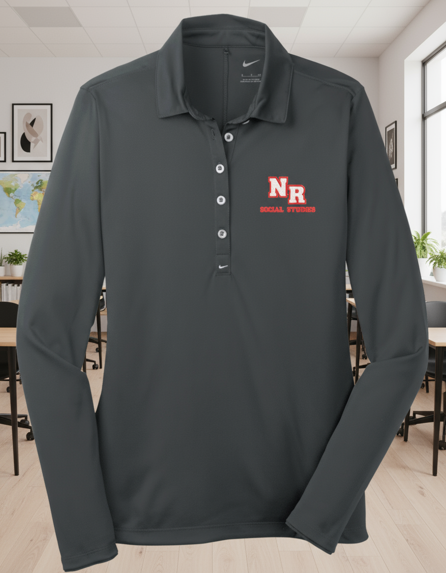 Gray long-sleeve polo shirt with red and white logo on a white background