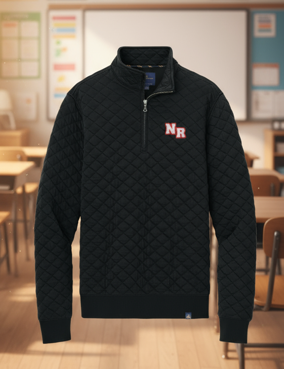 Black quilted quarter-zip sweater with a logo on a white background