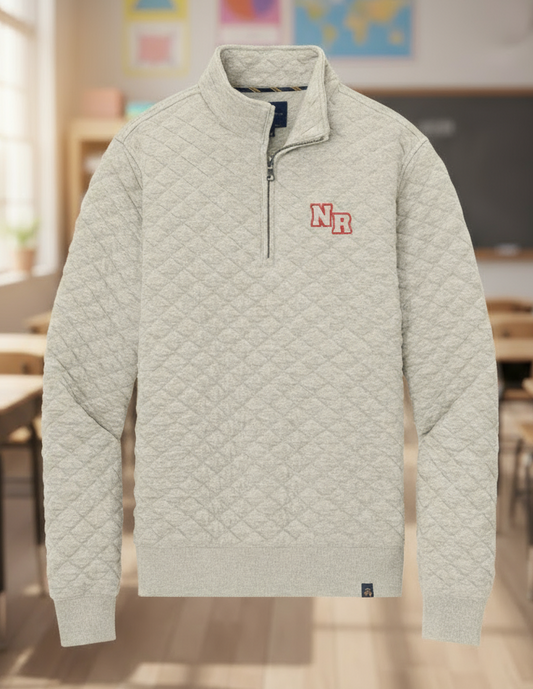 Quilted gray pullover with a logo on a white background