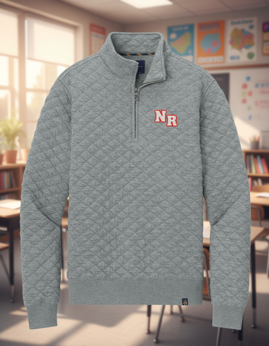 Quilted gray sweater with a logo on a white background