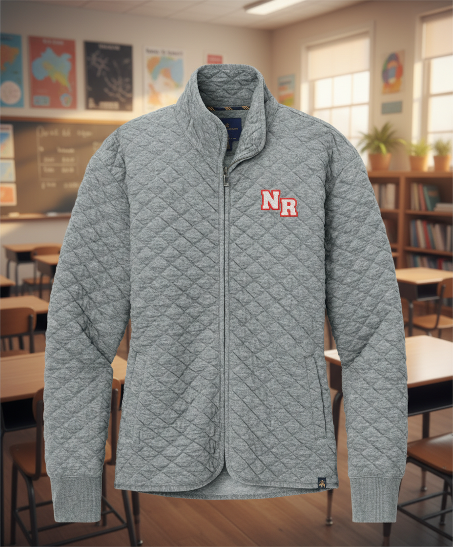 Quilted gray jacket with a logo on a white background
