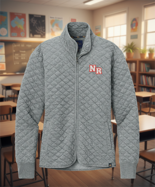 Quilted gray jacket with a logo on a white background