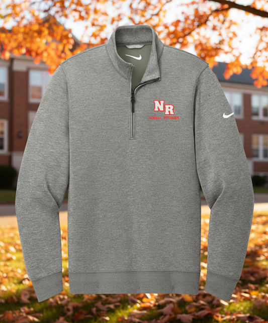 Gray quarter-zip sweatshirt withNR logo on a white background