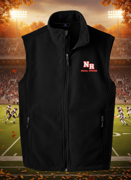 Black vest with red and white logo on a white background