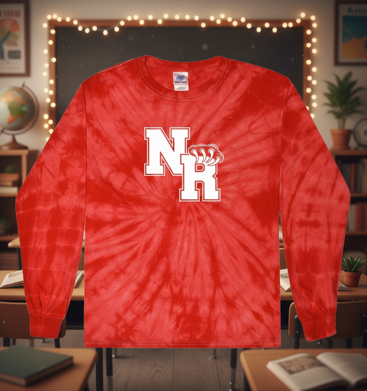 Red tie-dye long-sleeve shirt with a white logo on a white background