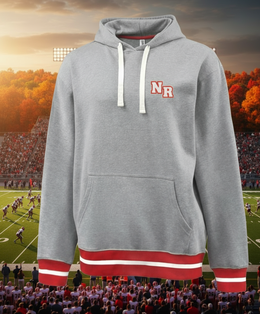 Gray hoodie with red and white accents and a logo on a white background