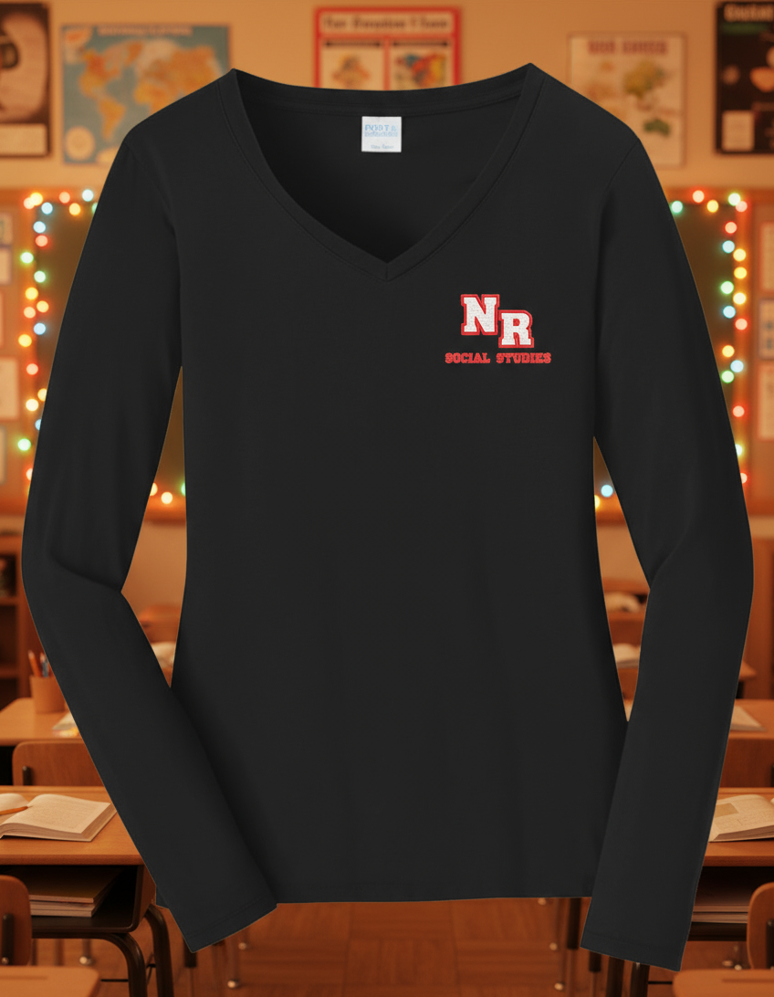 Black long-sleeve shirt with a red and white logo on a white background