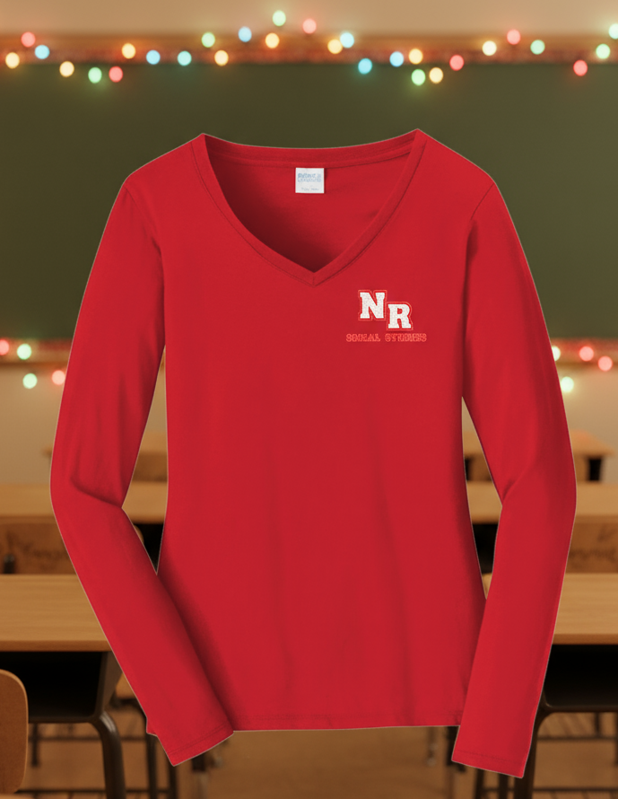 Red long-sleeve shirt with 'NR' logo on a white background