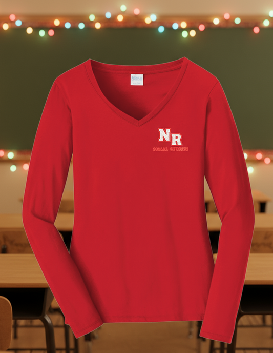 Red long-sleeve shirt with 'NR' logo on a white background