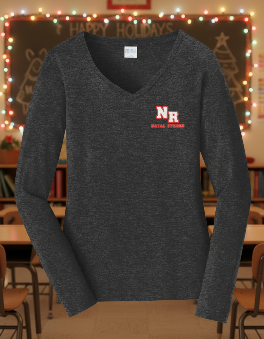 Dark gray long-sleeve shirt with a red and white logo on a white background