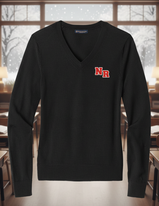 Black sweater with a logo on the chest against a white background