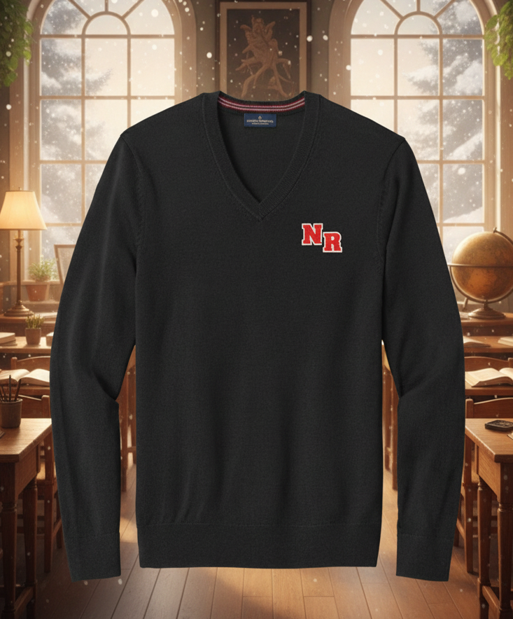 Black sweater with red and white logo on a white background
