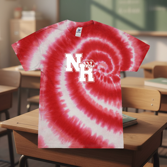 A red and white spiral tie-dye t-shirt with a white 'NR' graphic printed on the chest, displayed flat against a white background.