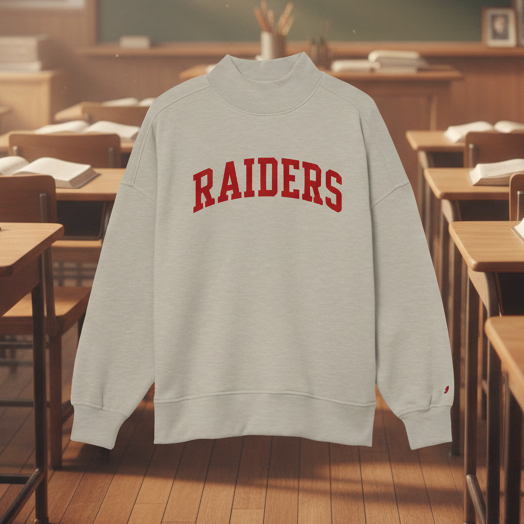 An off-white heathered crewneck sweatshirt with 'RAIDERS' printed in red arched varsity letters across the chest, shown on a clean white background.