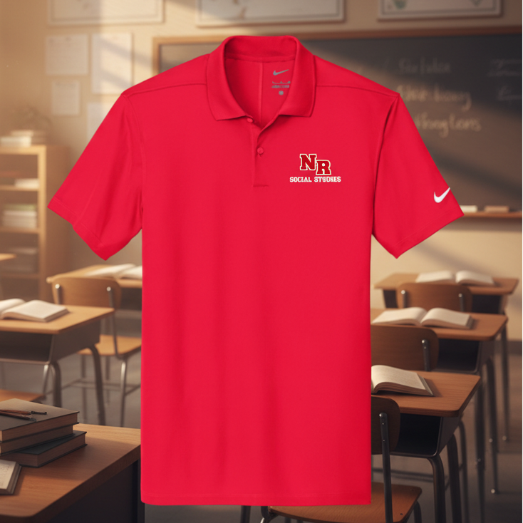 A red short-sleeve polo shirt with a white embroidered 'Nr Social Studies' logo on the left chest and a white Nike swoosh on the right sleeve, shown on a plain white background.