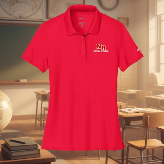 A red short-sleeve polo shirt with a collar and three-button placket, featuring a white and red 'NR Social Studies' logo on the left chest and a white Nike swoosh on the right sleeve, shown against a plain white background.