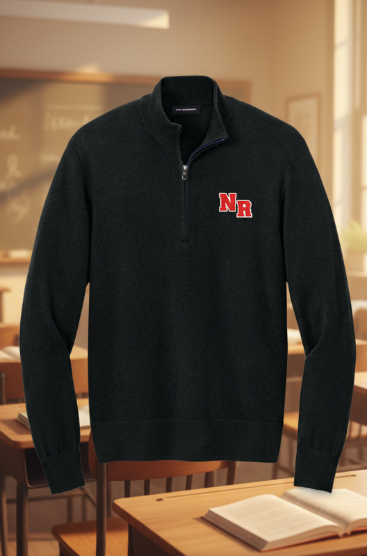 A black long-sleeve quarter-zip pullover sweater with a mock neck collar, featuring a red and white embroidered 'NR' logo on the left chest, displayed on a solid white background.