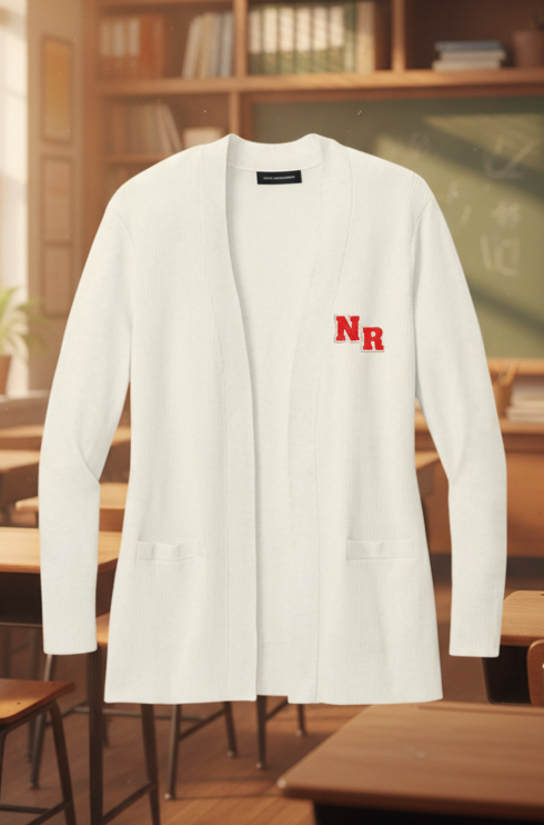 An off-white knit cardigan sweater with a red embroidered 'NR' monogram on the left chest, displayed on a clean white background.