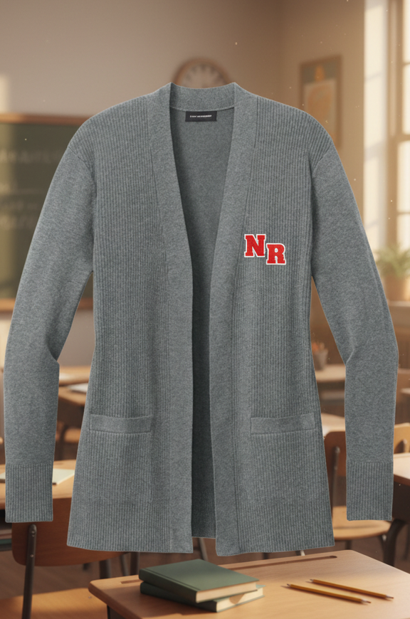 A heather gray open-front cardigan sweater with long sleeves, ribbed texture, and two front patch pockets. A red embroidered 'NR' logo is visible on the left chest.