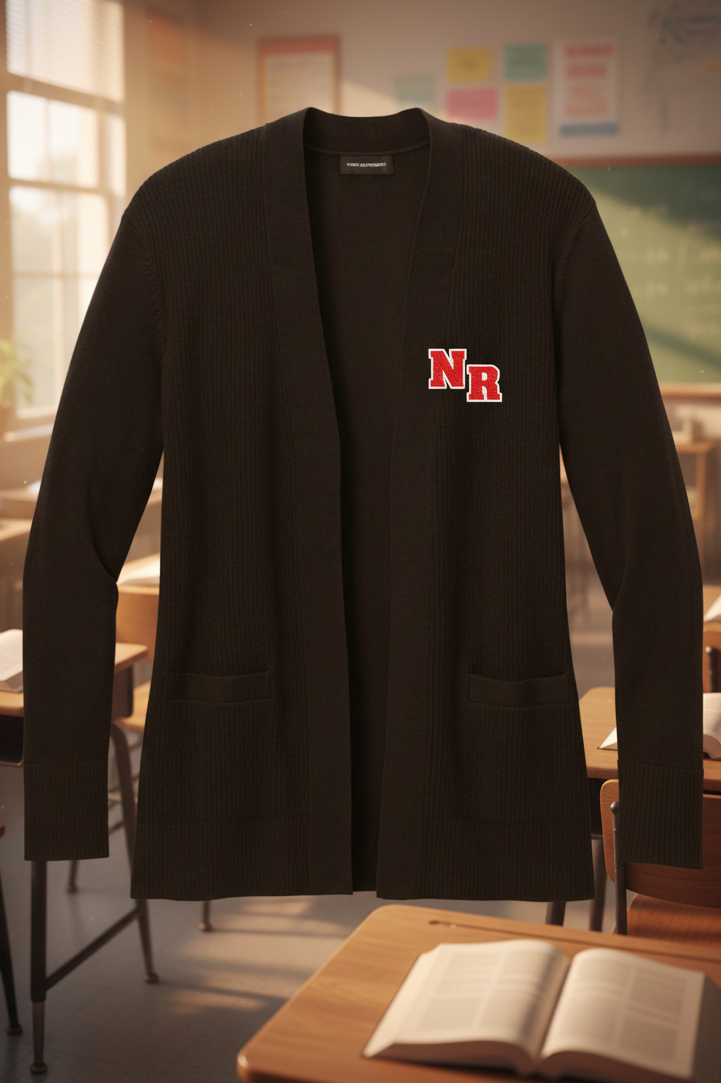 A black open-front knit cardigan with long sleeves and two front patch pockets, featuring a red and white 'NR' monogram embroidered on the left chest, shown against a plain white background.